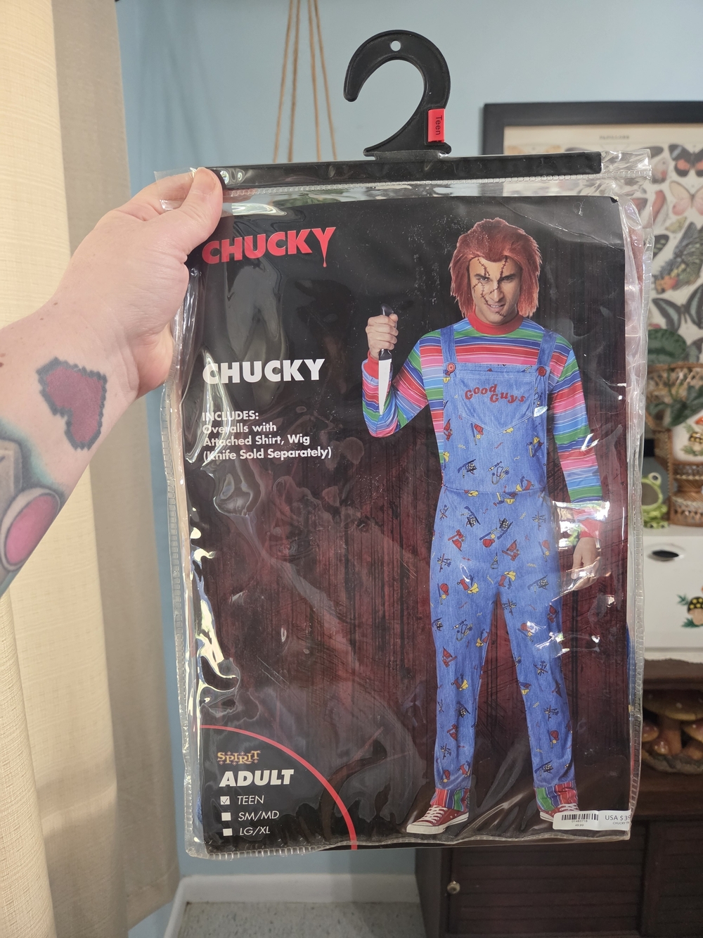 Spirit Chucky Overalls Costume in Blue with Rainbow Striped Shirt